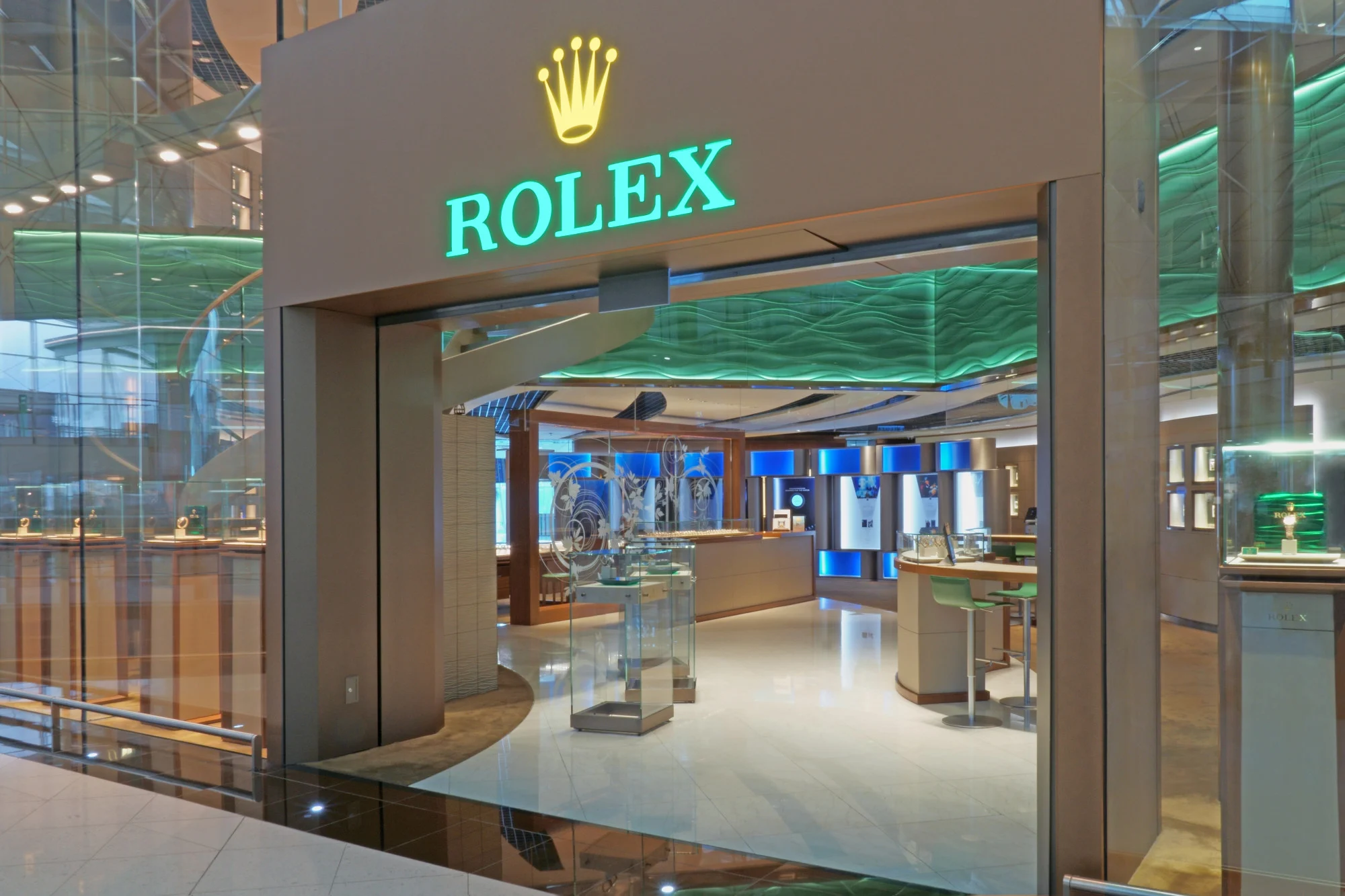Rolex watch brand logo and showroom